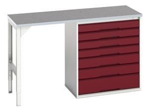 16921914.** verso pedestal bench with 7 drawer 800W cab & lino worktop. WxDxH: 1500x600x930mm. RAL 7035/5010 or selected
